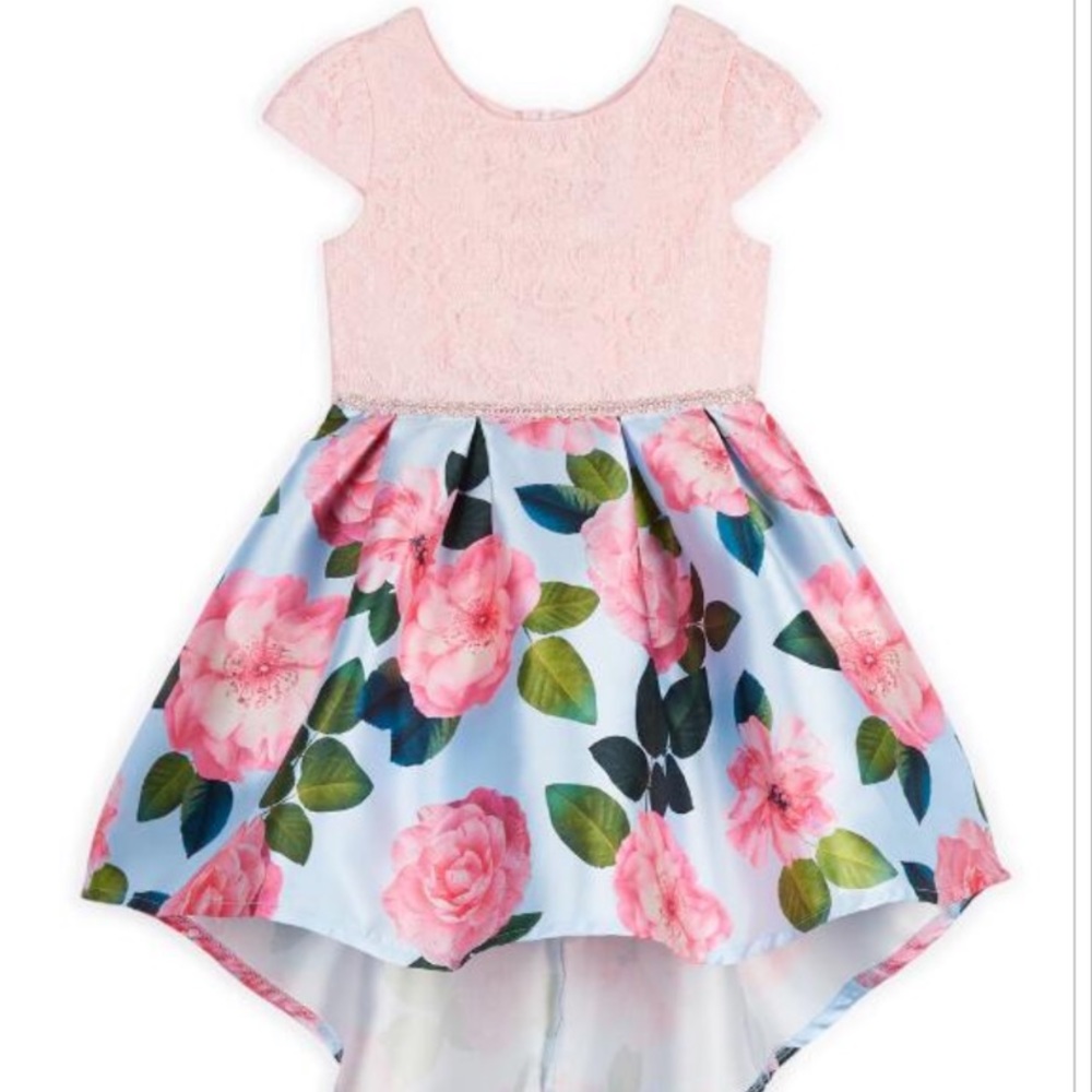 RARE EDITIONS
Lace Bodice Floral High/Low Dress
